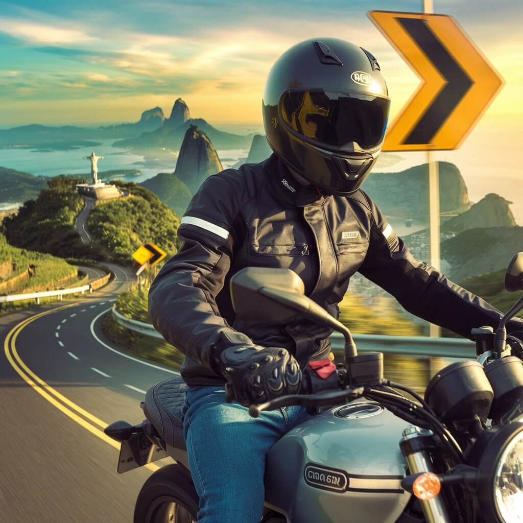 Motociclista explorando o Brasil com segurança, usando equipamentos de proteção em uma viagem de moto, com paisagens brasileiras ao fundo.