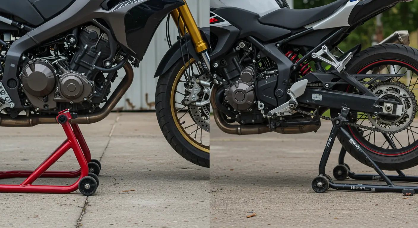 Comparação visual entre cavalete central e cavalete lateral em motocicletas estacionadas
