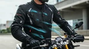 Motociclista usando jaqueta ventilada ideal para o verão, com painéis de ventilação e fundo ensolarado