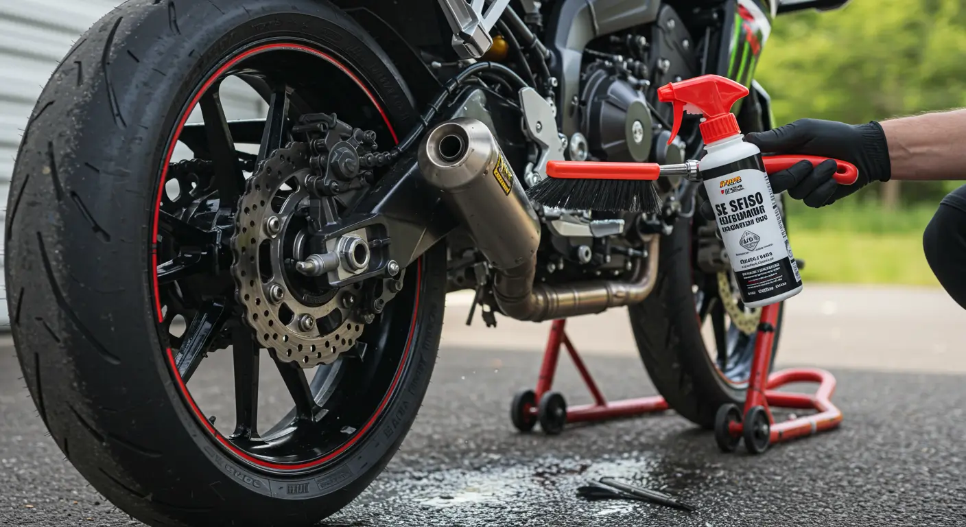 Corrente de moto sendo limpa com escova e spray, moto sobre cavalete em ambiente de oficina