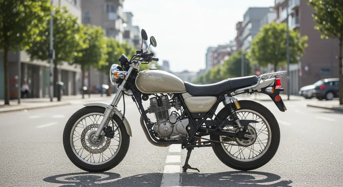 Moto leve e simples estacionada em área urbana, ideal para quem está começando a pilotar