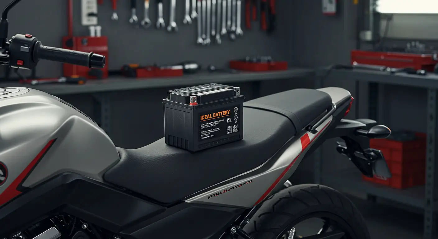 Bateria sendo instalada em uma moto pequena dentro de uma oficina com iluminação clara