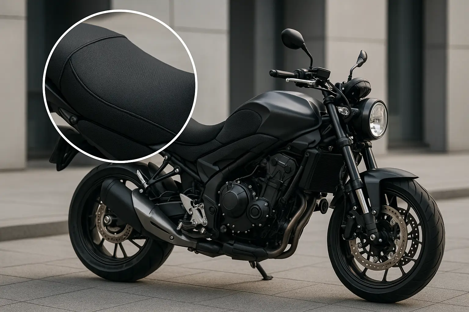 Capa de banco para moto com detalhe ampliado do material instalado