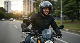 Motociclista com capacete aberto pilotando em segurança na cidade