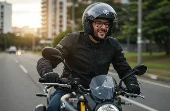 Motociclista com capacete aberto pilotando em segurança na cidade