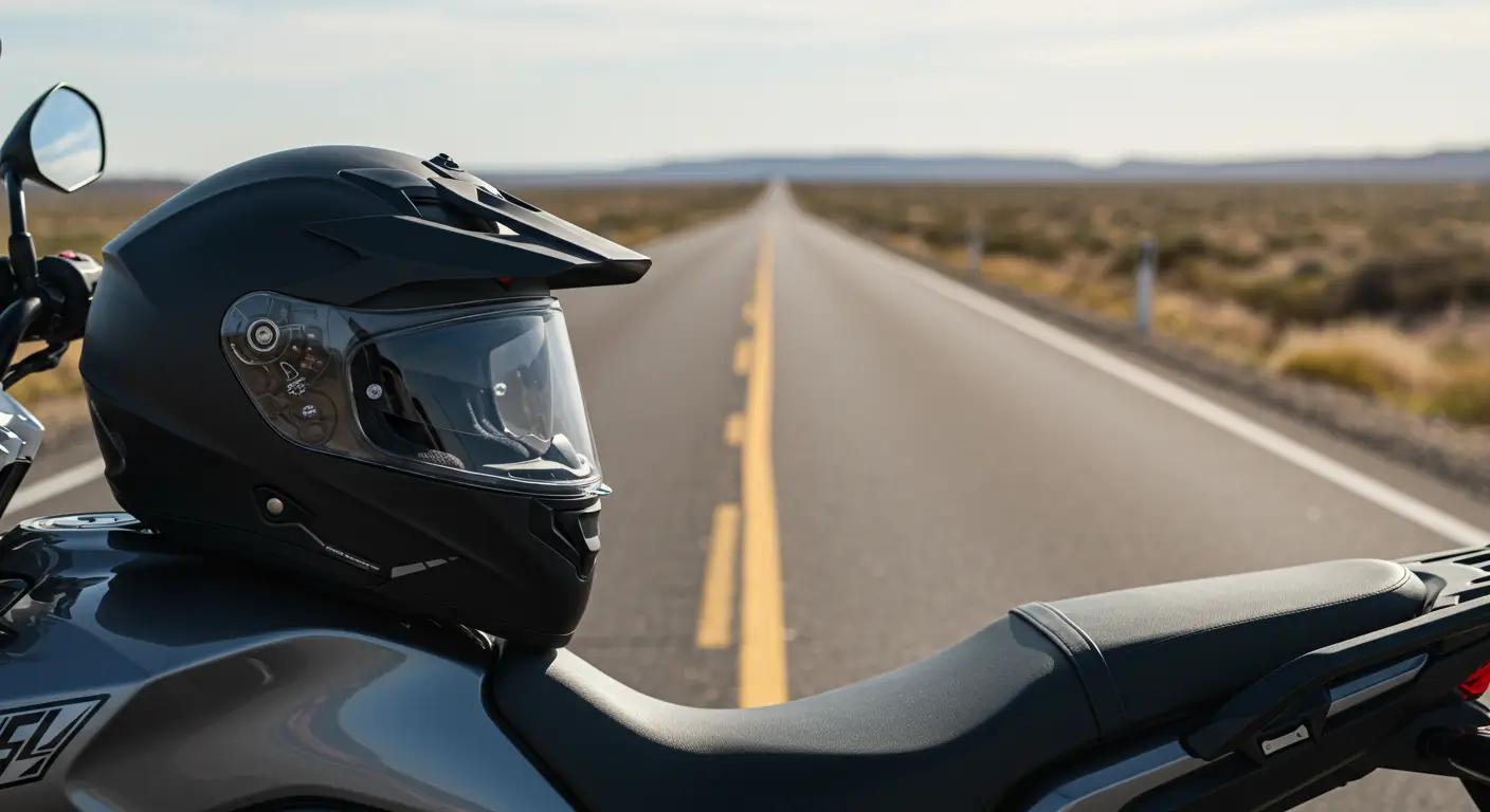Capacete de moto sobre o tanque de uma motocicleta estacionada em estrada aberta e ensolarada