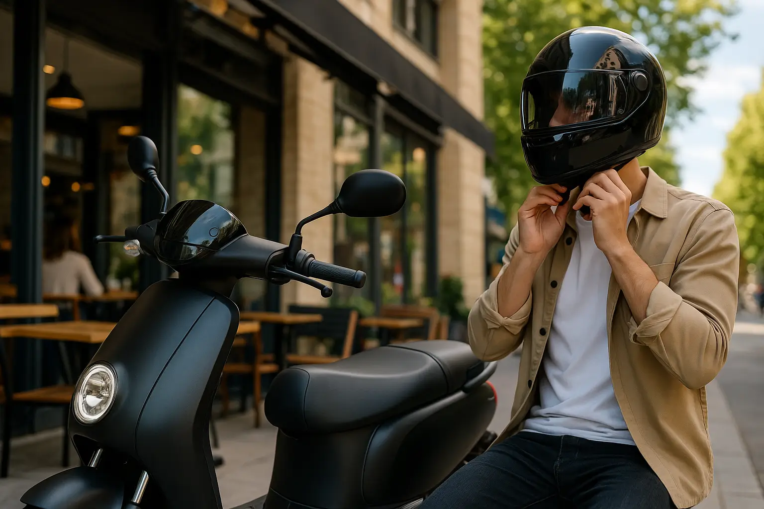 Capacete para scooter elétrica em ambiente urbano moderno