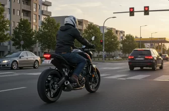 Moto trafegando na cidade com foco em economia de gasolina