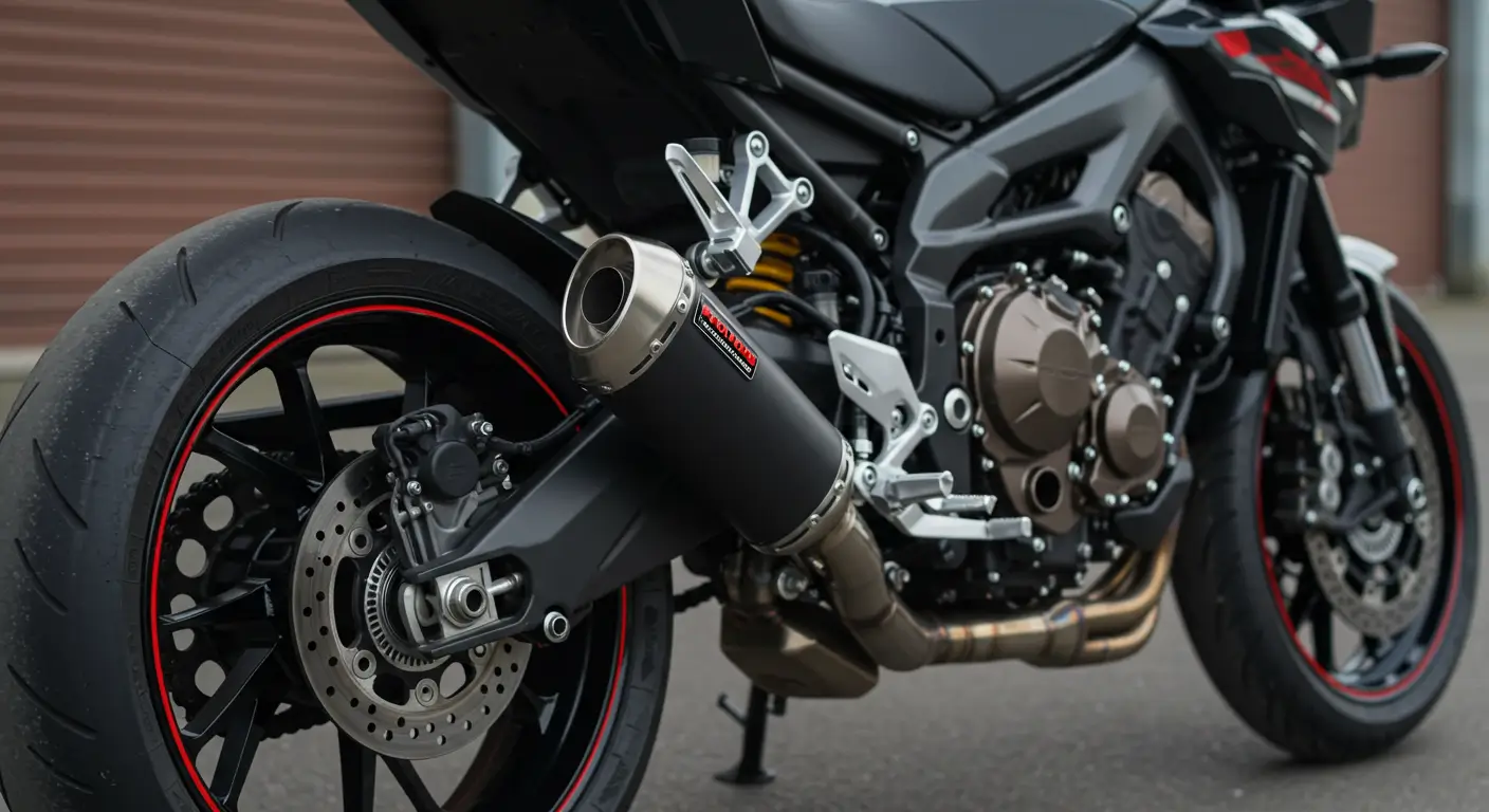 Close-up de escapamento esportivo em motocicleta moderna com fundo urbano desfocado