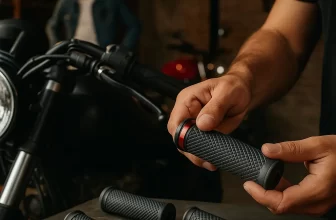 Mecânico instalando manopla em guidão de moto dentro de oficina com ferramentas e ambiente profissional