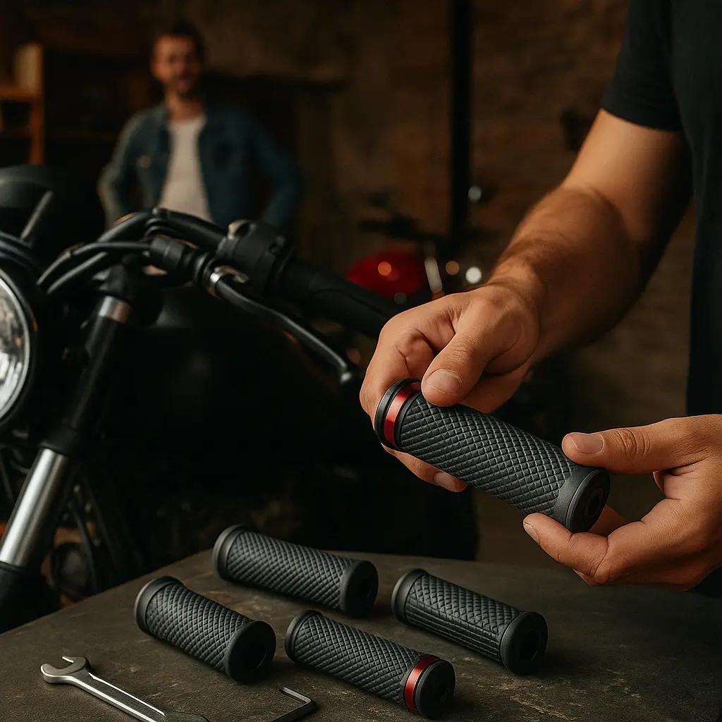 Mecânico instalando manopla em guidão de moto dentro de oficina com ferramentas e ambiente profissional