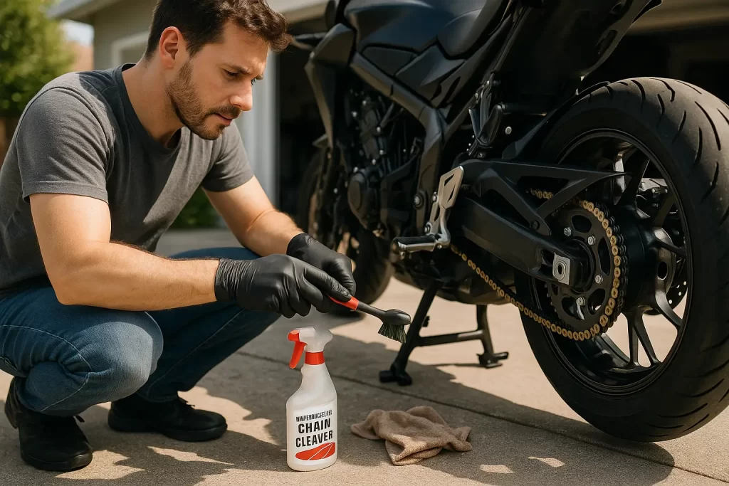 Homem fazendo a limpeza rápida da relação da moto usando escova e desengraxante