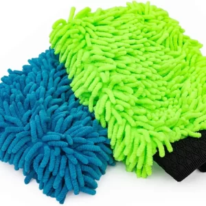 Luva de microfibra para lavar carros e motos verde limão e azul