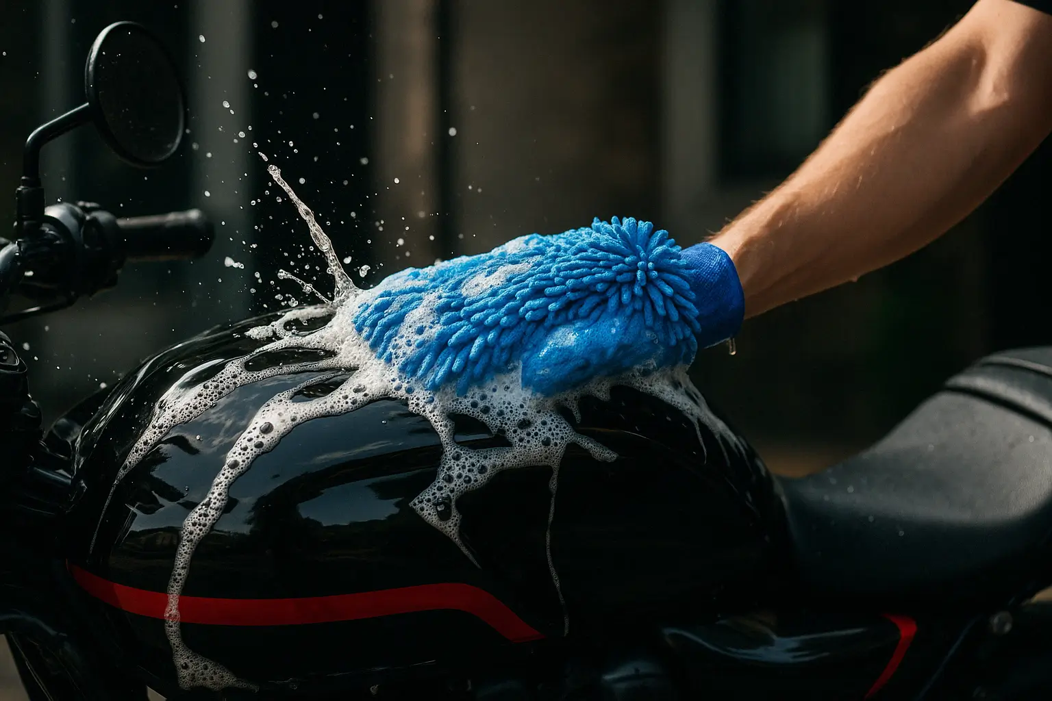 Luva de microfibra para moto sendo usada na lavagem da pintura