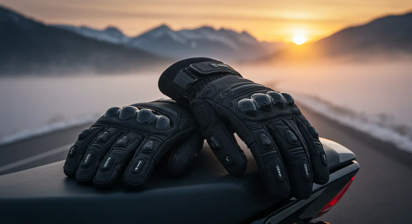 Par de luvas térmicas sobre a moto com fundo frio e neblina, ideais para pilotagem em dias gelados