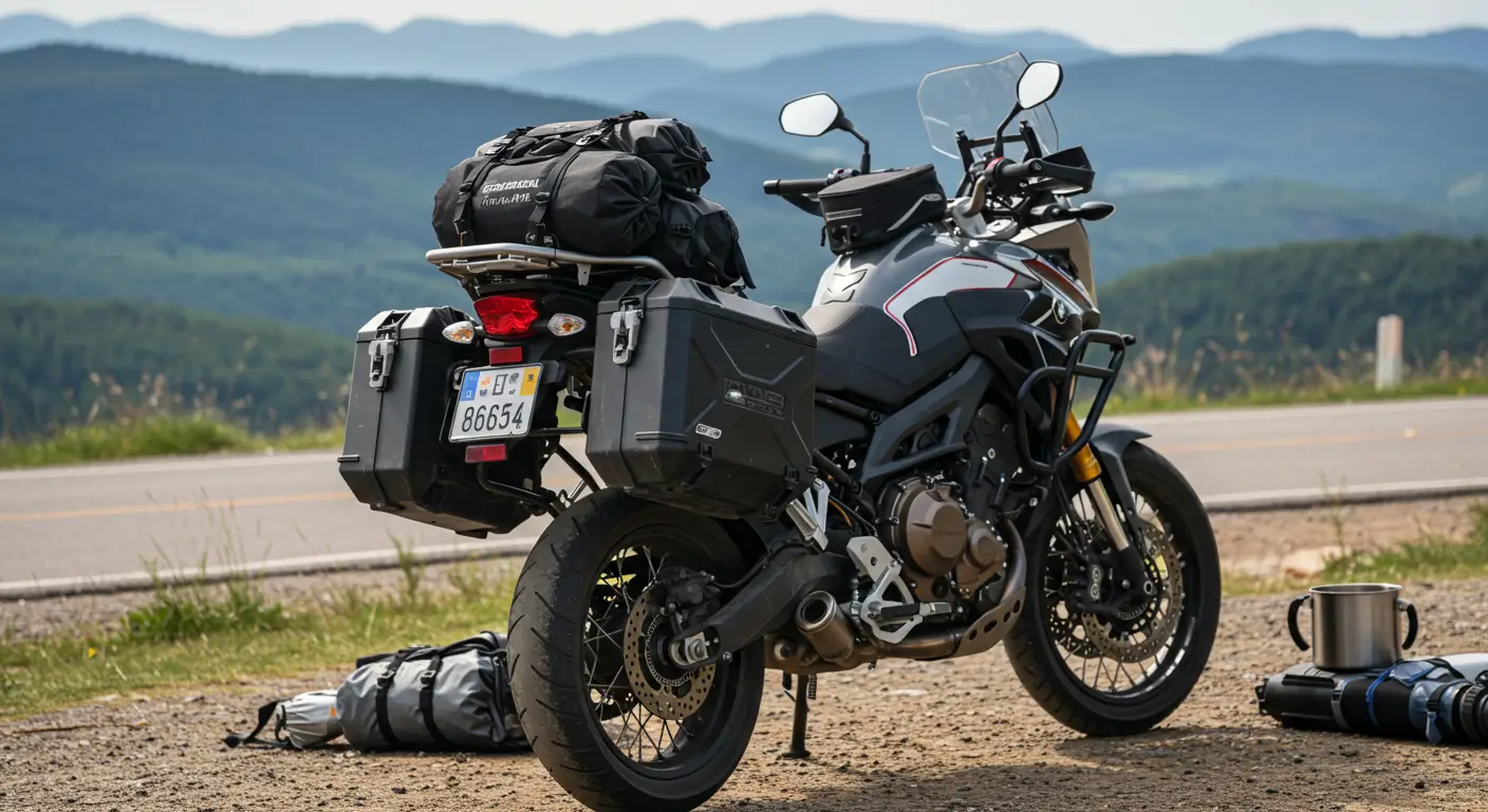 Moto com baú lateral para viagens em estrada aberta
