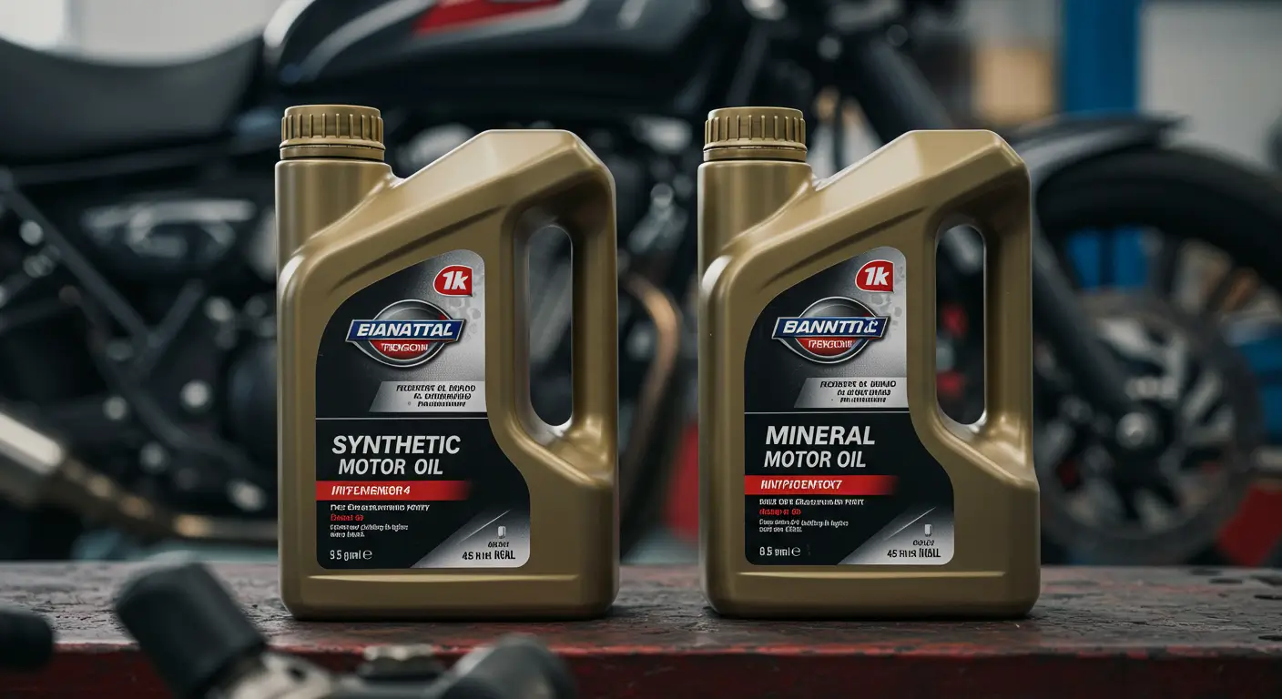 Dois frascos de óleo para motor lado a lado, um sintético e outro mineral, sobre bancada de oficina