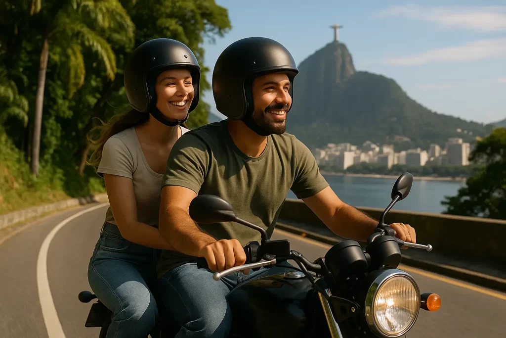 Casal pilotando moto pelo Rio de Janeiro com o Cristo Redentor ao fundo

