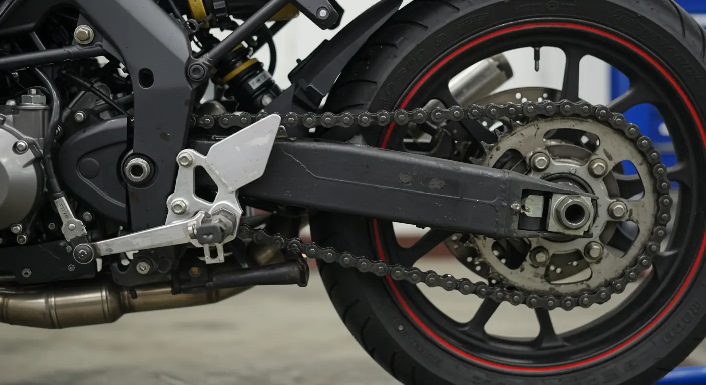 Corrente e coroa da moto com sinais de desgaste em ambiente de oficina, prontas para substituição