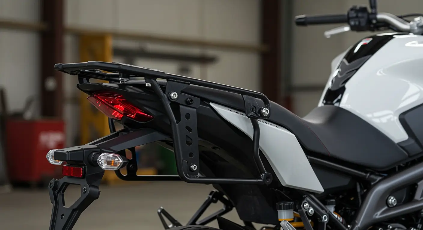Moto com suporte de baú traseiro instalado, vista lateral ou traseira, pronta para o uso urbano