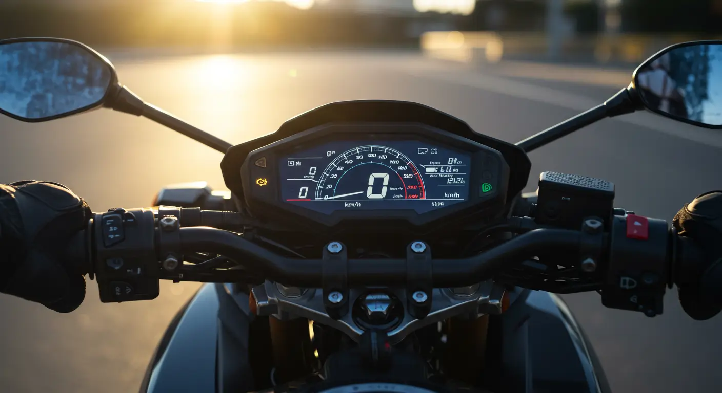 Velocímetro digital moderno exibindo velocidade no painel de motocicleta com fundo urbano