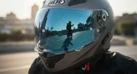 Viseira de capacete com tratamento antirrisco em destaque em close-up