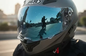 Viseira de capacete com tratamento antirrisco em destaque em close-up