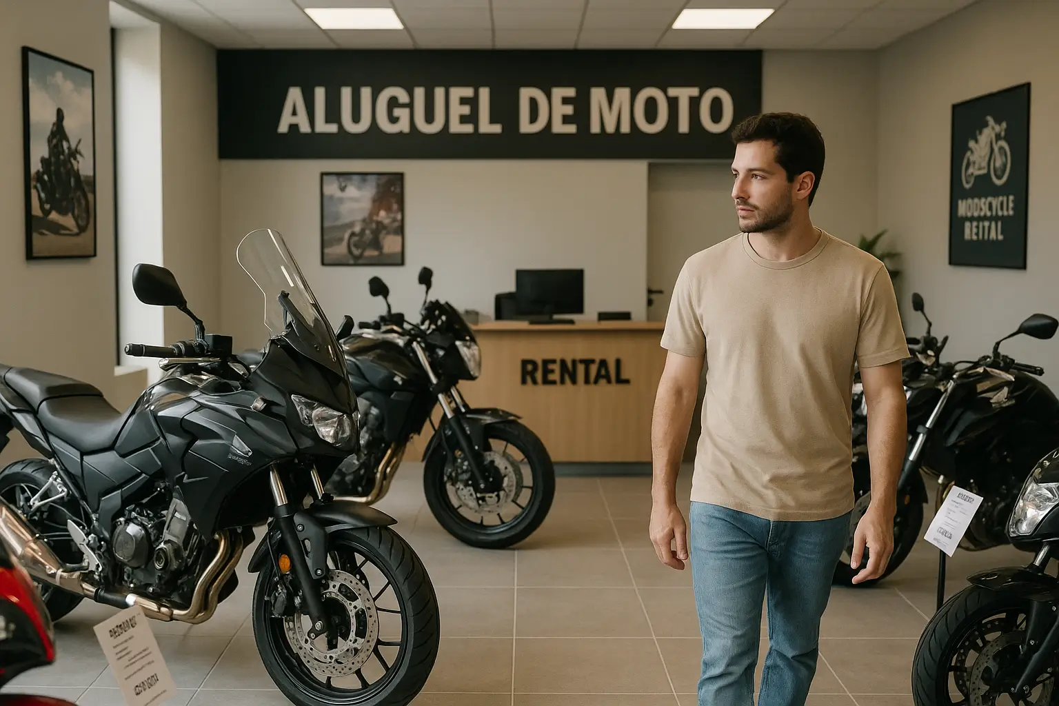 Homem visitando uma loja especializada em aluguel de moto