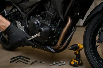 Instalação de slider de motor em motocicleta com ferramentas.