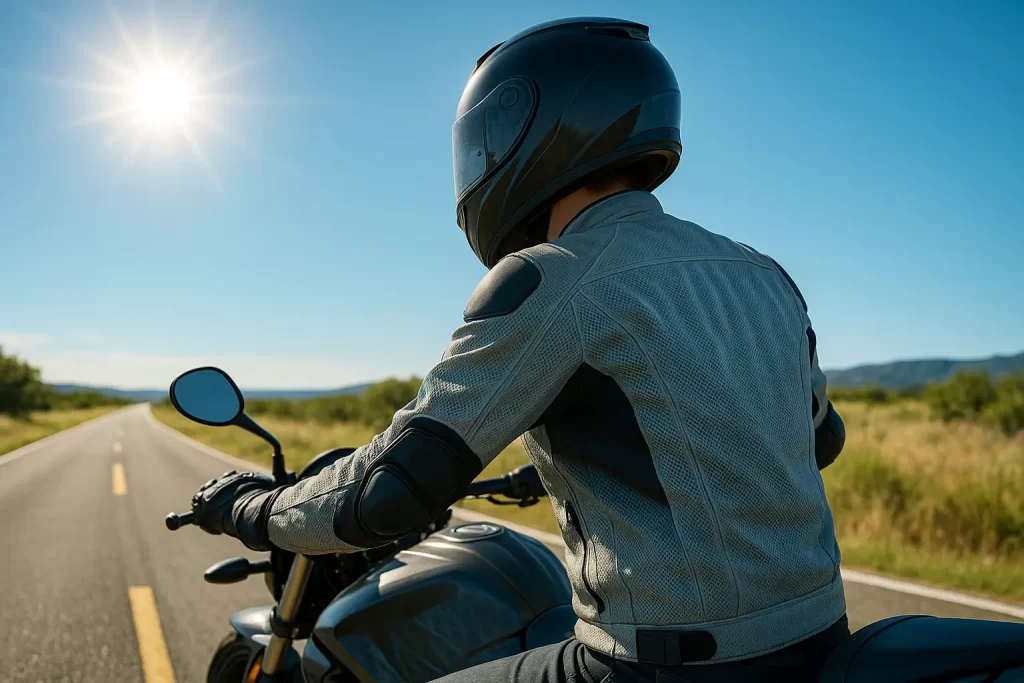 Motociclista em estilo urbano usando jaqueta ventilada para verão com cenário de praia ao fundo.

