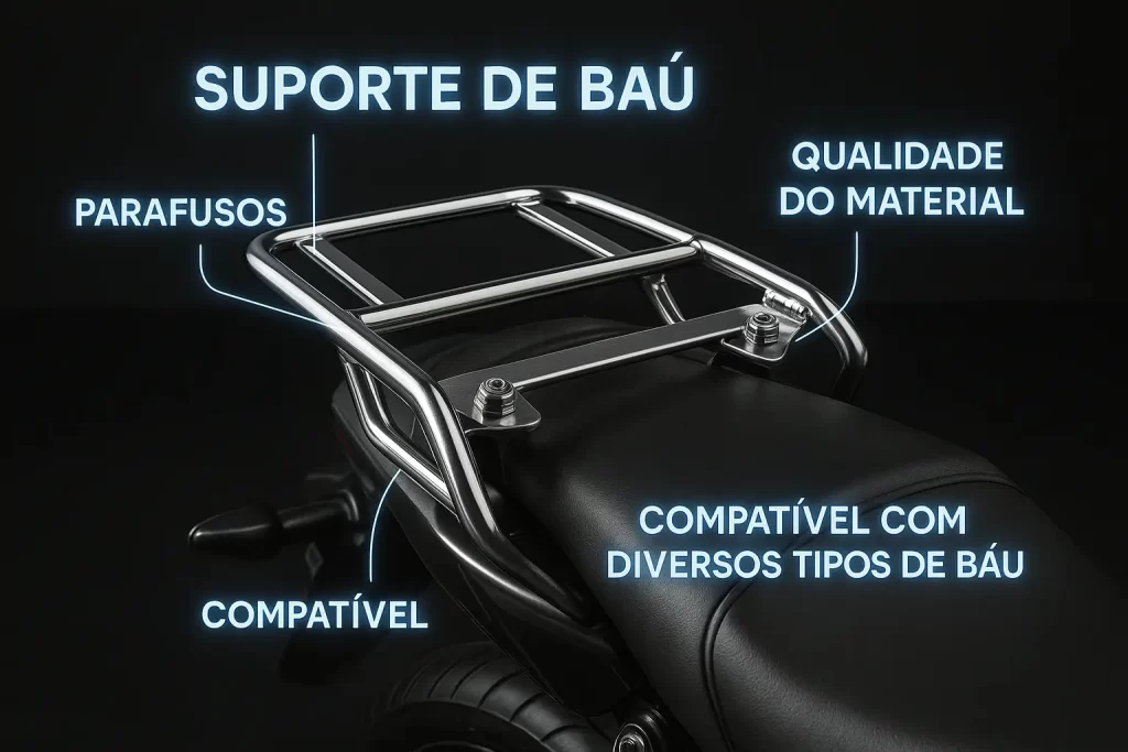 Motociclista apontando para suporte de baú em moto urbana