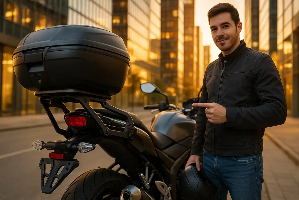 Moto com baú em estrada de terra com suporte traseiro reforçado