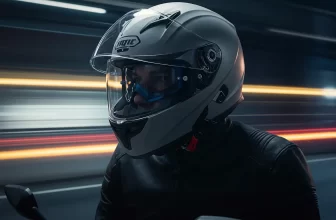 Motociclista usando capacete fechado em estrada, simbolizando segurança e proteção